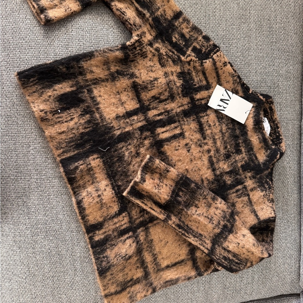 Zara Black & Brown Plaid Teddy Jacket Size S NWT - Picture 4 of 10
